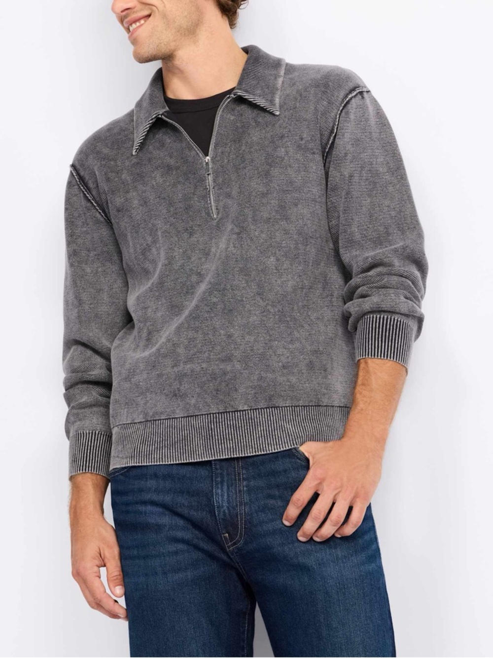Mason Row Men's Acid Wash Grey Quarter-Zip Pullover Sweater